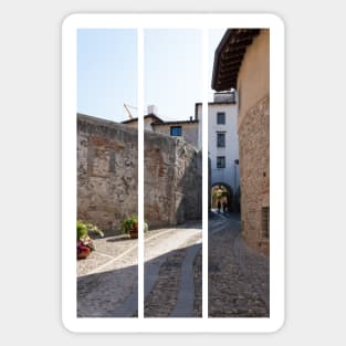 North Italy Life in the center of the lombard medieval city. Walking through narrow streets and walls. Sunny summer day. (vertical) Sticker